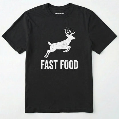 Black t-shirt with white deer graphic and 'fast food' text on a white background