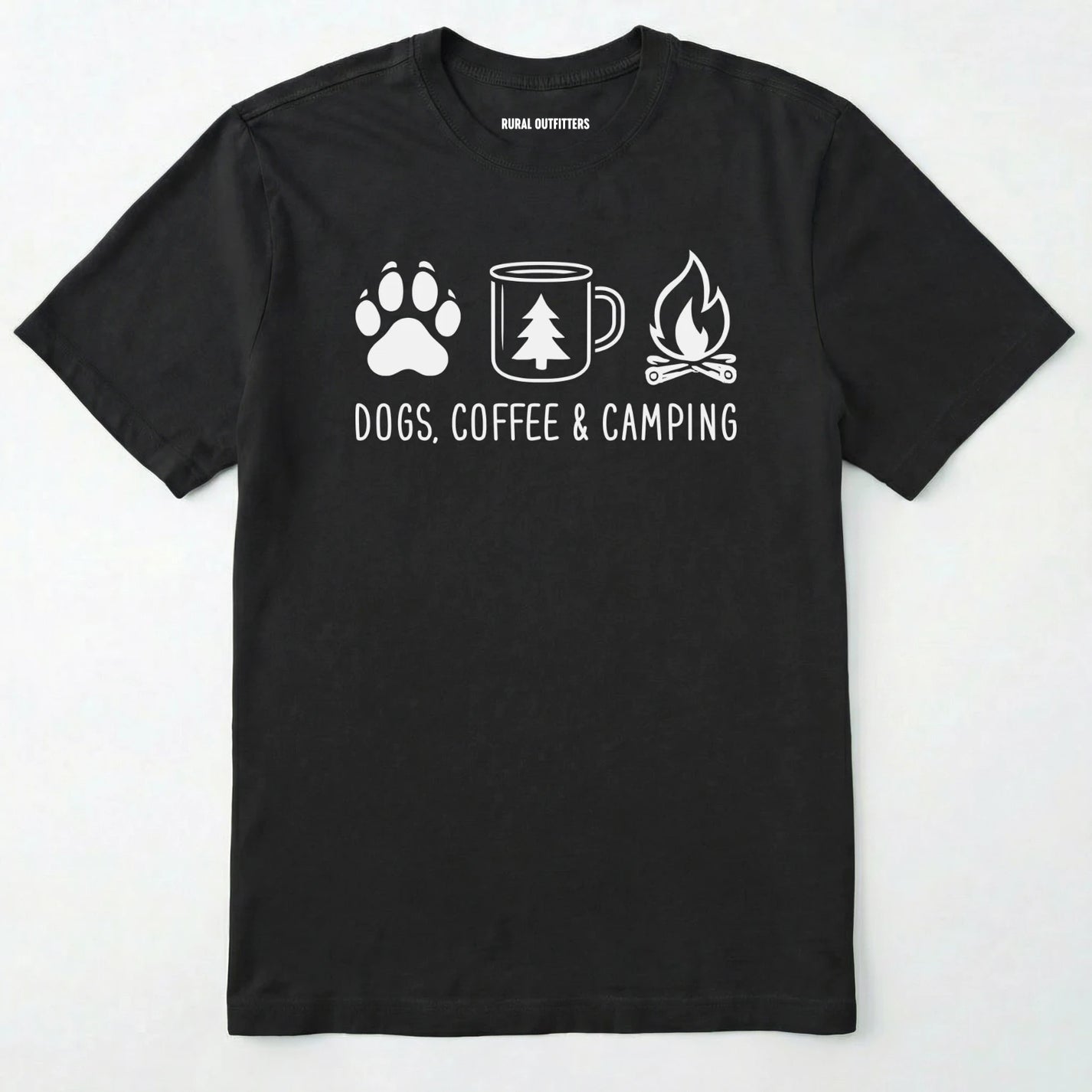 Black camping dog shirt with paw print, coffee mug and campfire design on a white background.