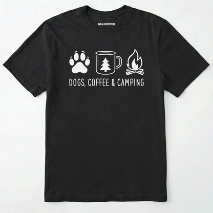 Black camping dog shirt with paw print, coffee mug and campfire design on a white background.