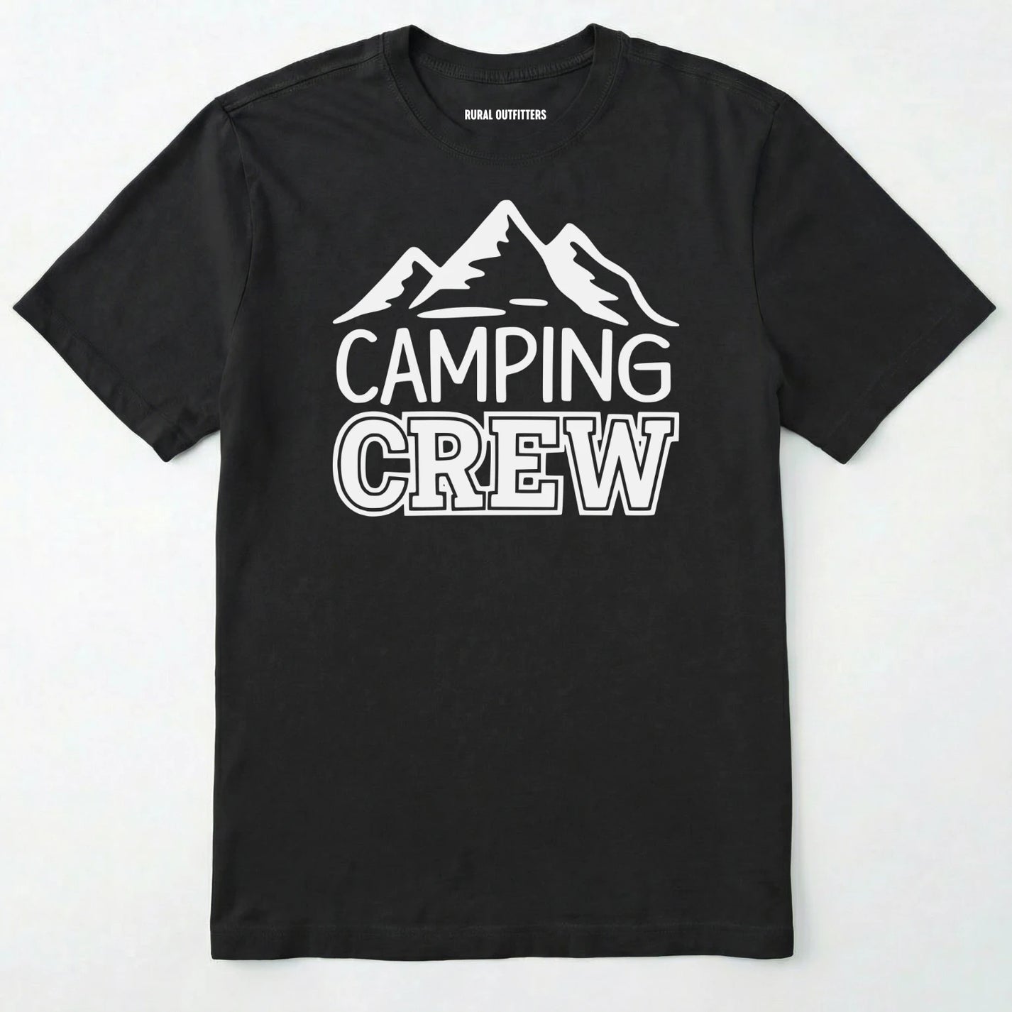 Black camping crew t-shirt with 'camping crew' text and mountain graphic.
