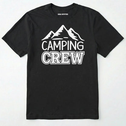 Black camping crew t-shirt with 'camping crew' text and mountain graphic.