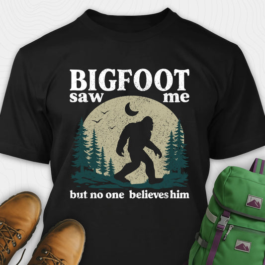Black bigfoot saw me shirt with vintage outdoor sasquatch graphic