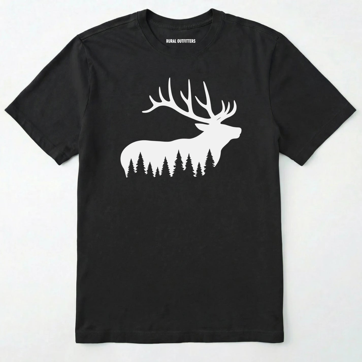 Black elk shirt with white elk silhouette design on a white background.