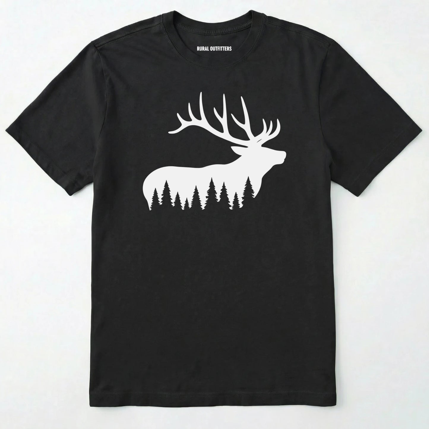 Black elk shirt with white elk silhouette design on a white background.