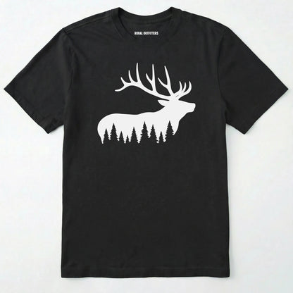 Black elk shirt with white elk silhouette design on a white background.