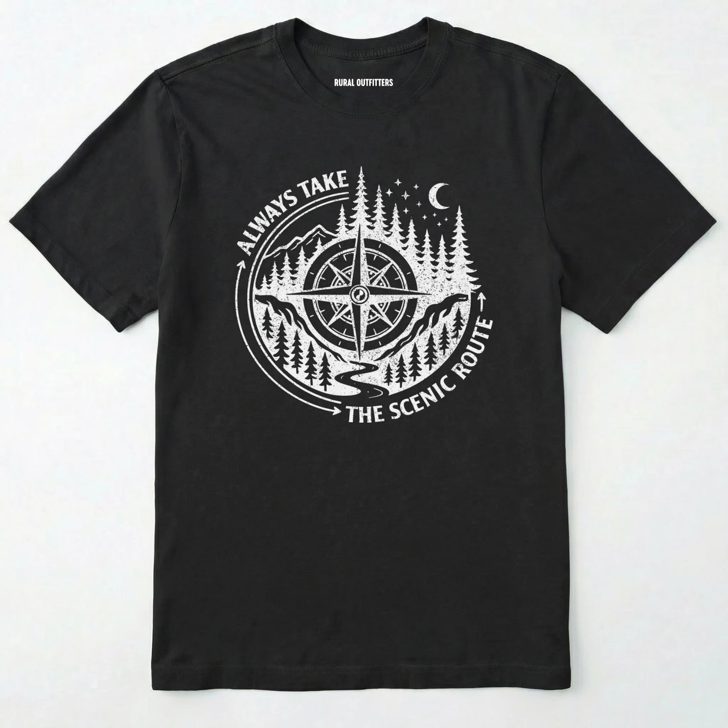 Black always take the scenic route t-shirt with compass graphic and text on a white background.
