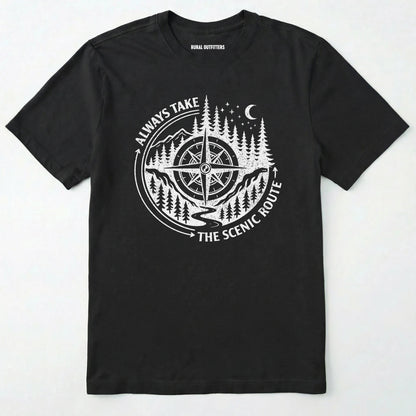 Black always take the scenic route t-shirt with compass graphic and text on a white background.
