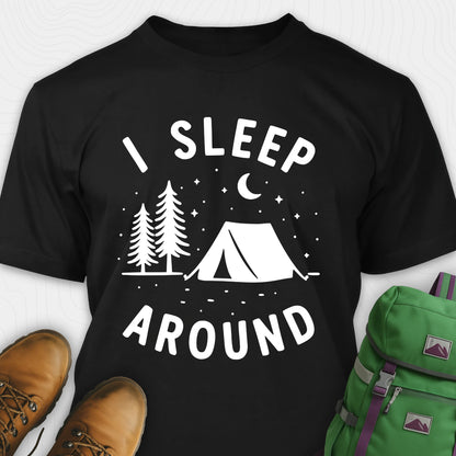 Black I sleep around camping shirt with tent, pine trees, moon and stars design