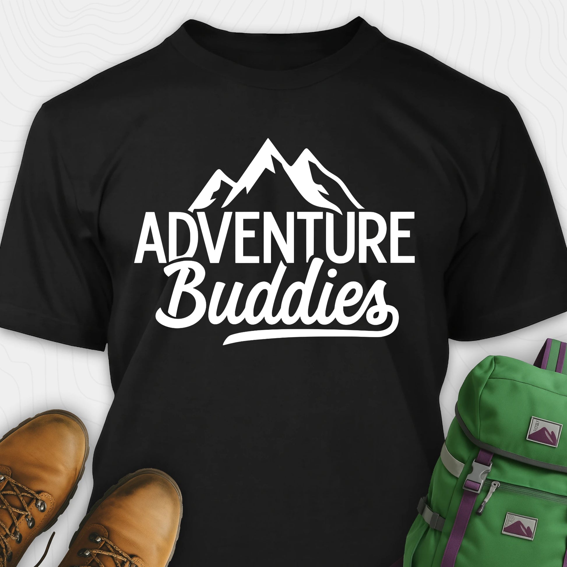 Black adventure buddies t-shirt featuring mountain design
