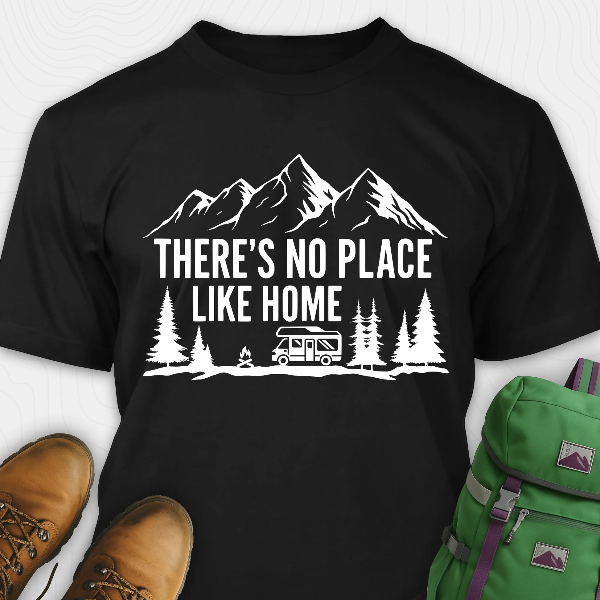 Black theres no place like home shirt with camper and mountain graphic