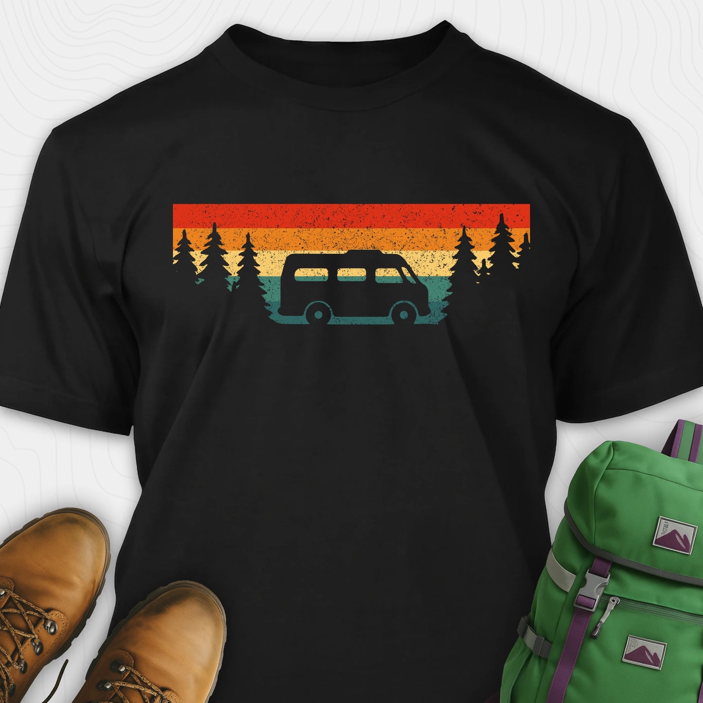 Black retro camp shirt featuring forest silhouette and van design