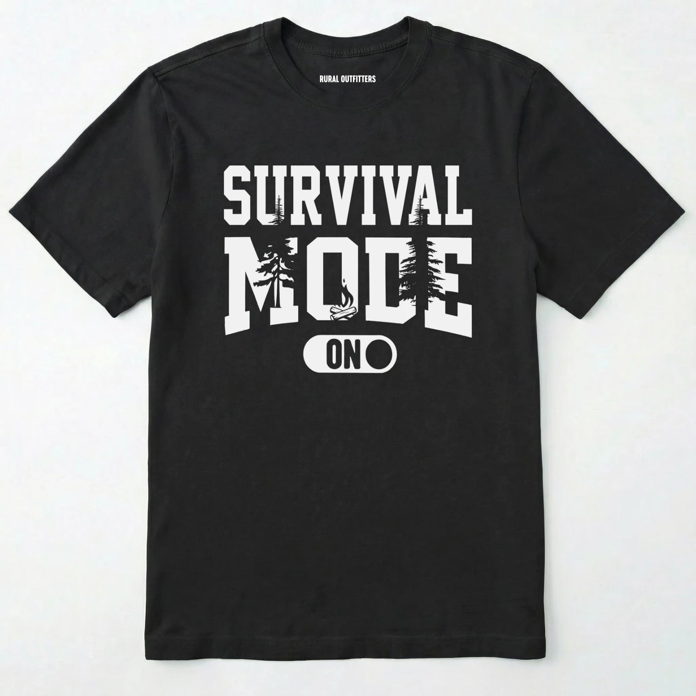 Black survival mode shirt with camping-themed graphic and rugged text on a white background.