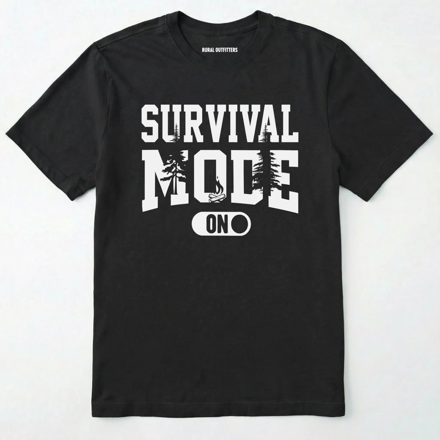 Black survival mode shirt with camping-themed graphic and rugged text on a white background.