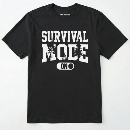 Black survival mode shirt with camping-themed graphic and rugged text on a white background.