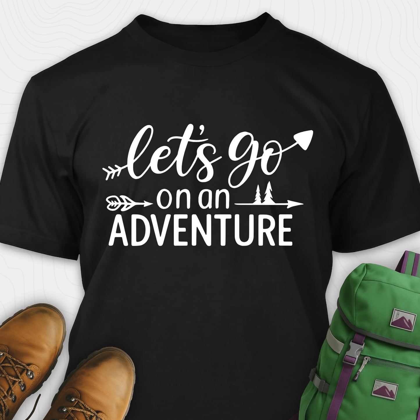 Black lets go on an adventure shirt with arrow and trees graphic