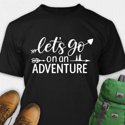 Black lets go on an adventure shirt with arrow and trees graphic