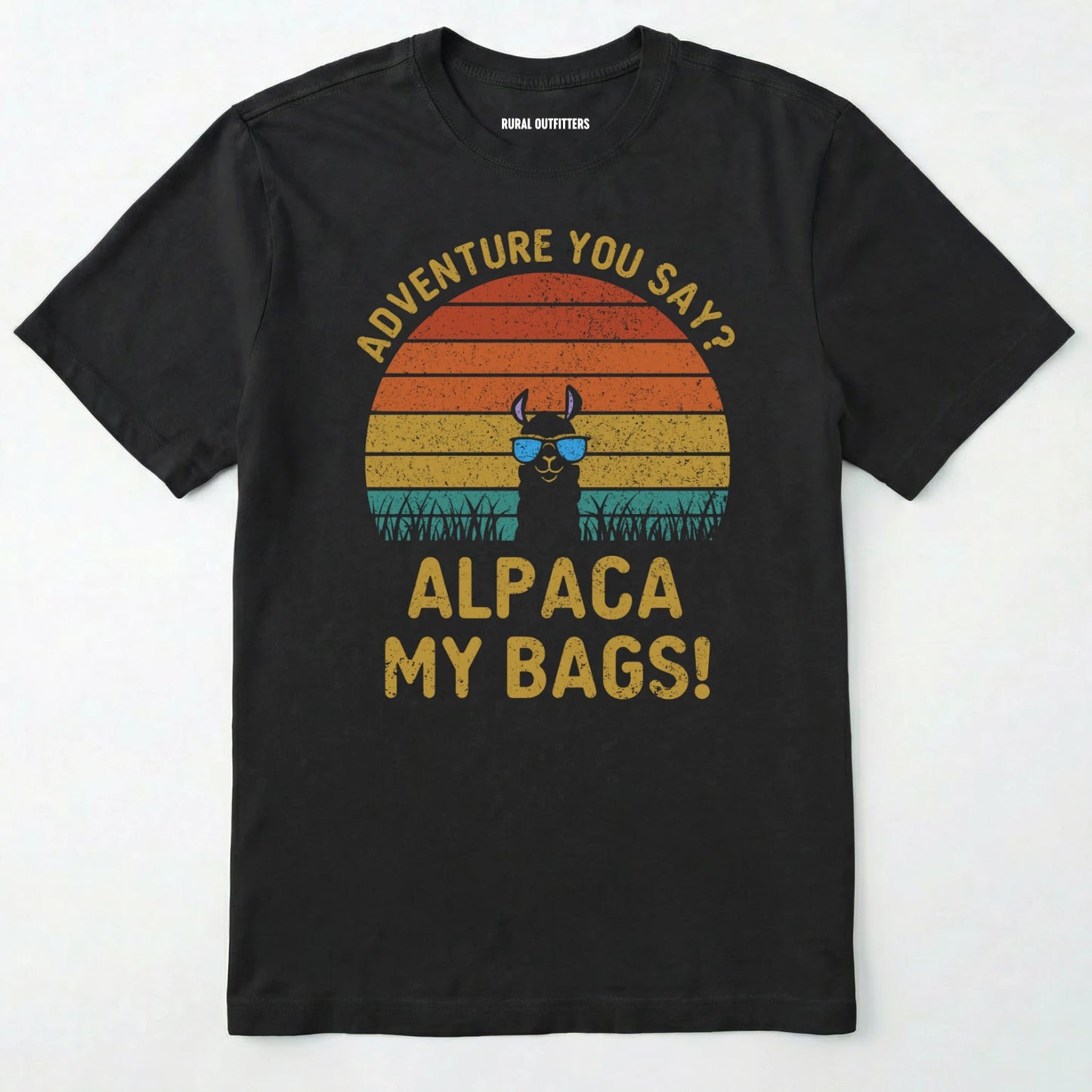 Black alpaca my bags shirt with retro sunset and llama graphic on a white background.