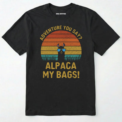 Black alpaca my bags shirt with retro sunset and llama graphic on a white background.