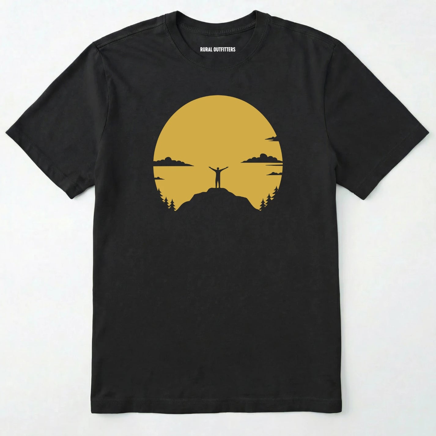 Black climbing shirt with a yellow sunset and a mountain climber silhouette on a white background.