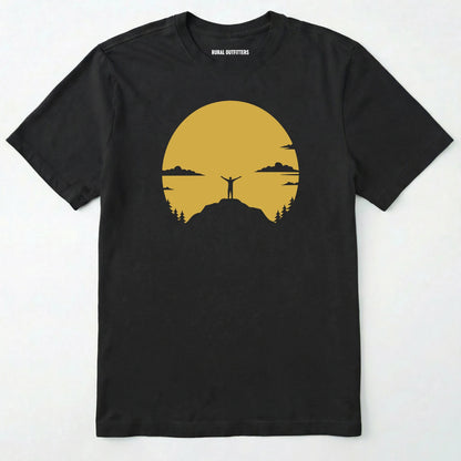 Black climbing shirt with a yellow sunset and a mountain climber silhouette on a white background.