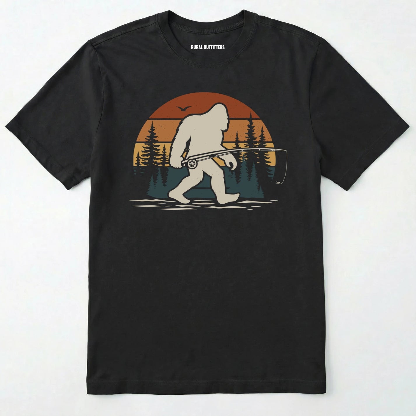 Black bigfoot fishing shirt with retro forest background