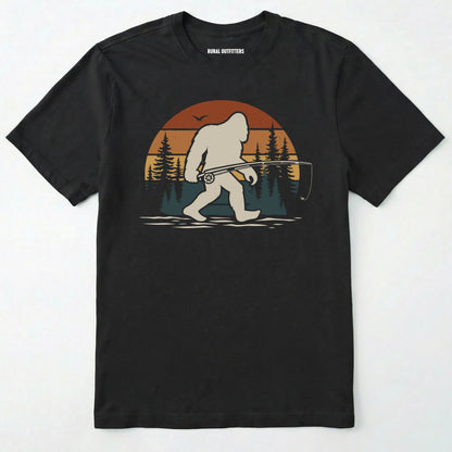 Black bigfoot fishing shirt with retro forest background