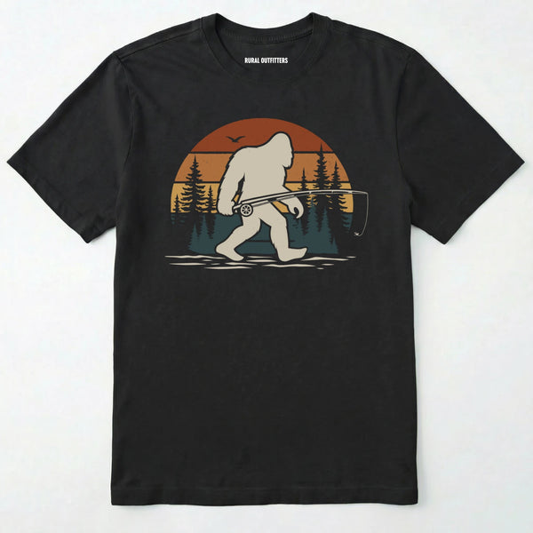 Black bigfoot fishing shirt with retro forest background