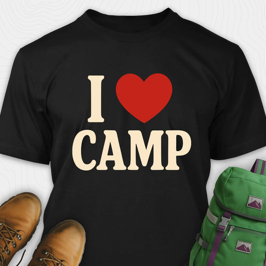 Black I love camp t-shirt with bold text and heart design