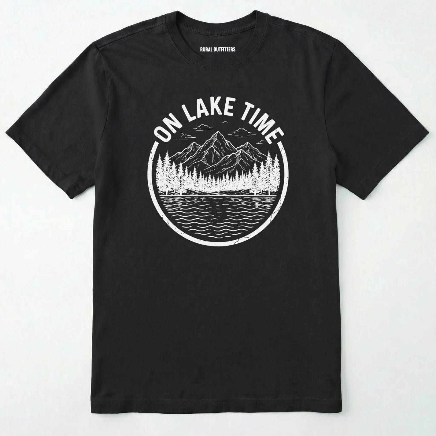 Black t-shirt with 'on lake time' graphic design on a white background