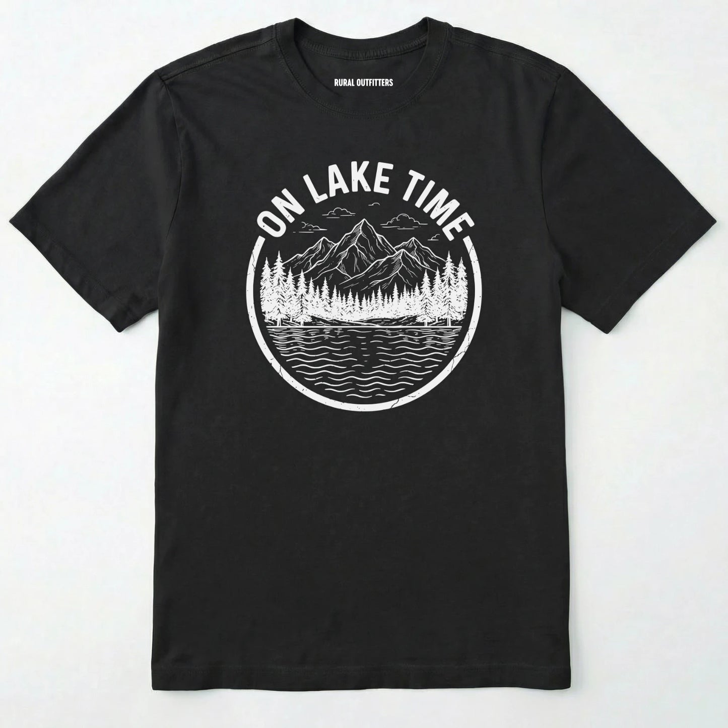 Black t-shirt with 'on lake time' graphic design on a white background