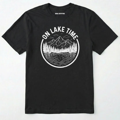 Black t-shirt with 'on lake time' graphic design on a white background