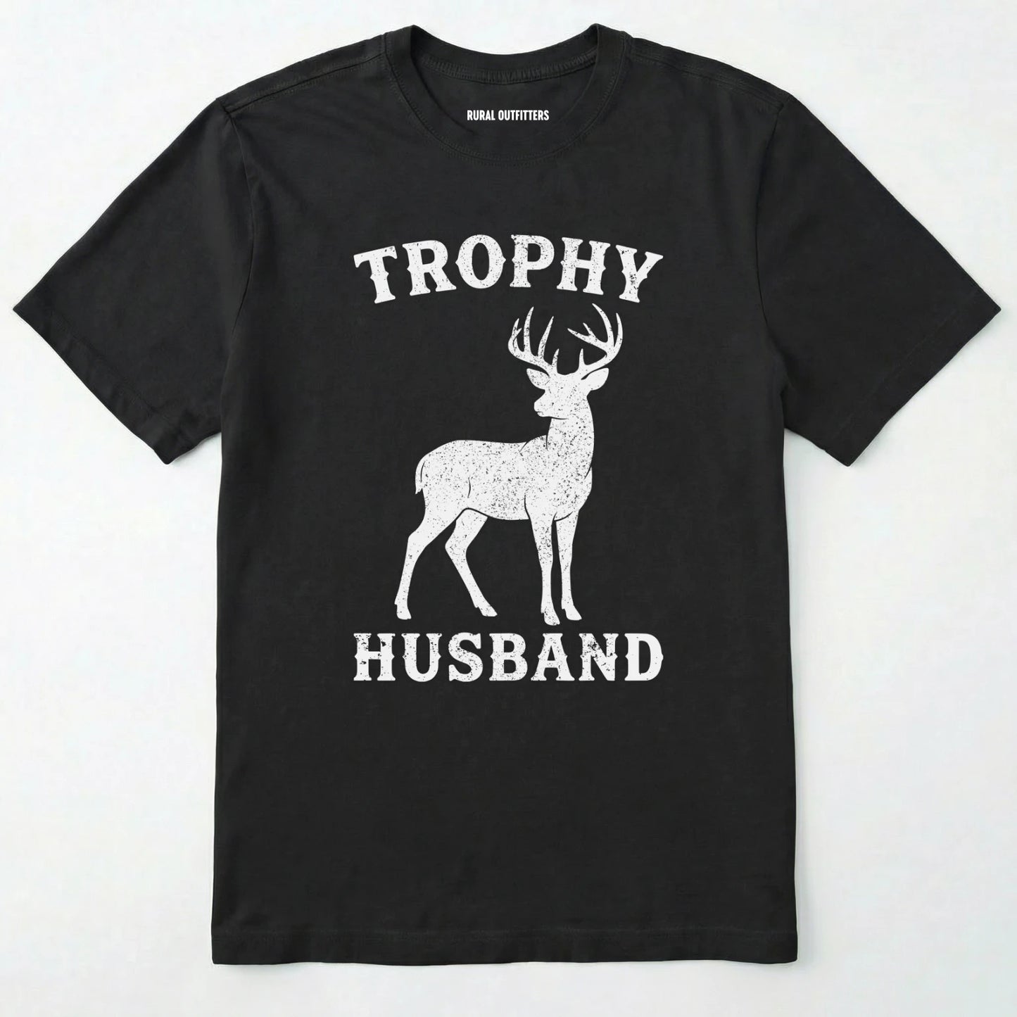 Black t-shirt with white graphic of a deer and text 'trophy husband' on a white background