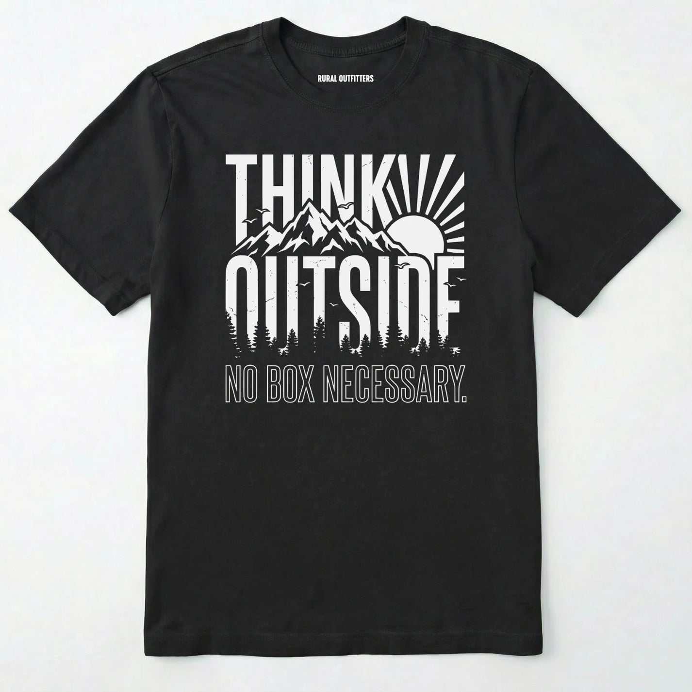 Black t-shirt with 'think outside, no box necessary' graphic on a white background