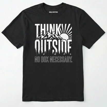 Black t-shirt with 'think outside, no box necessary' graphic on a white background