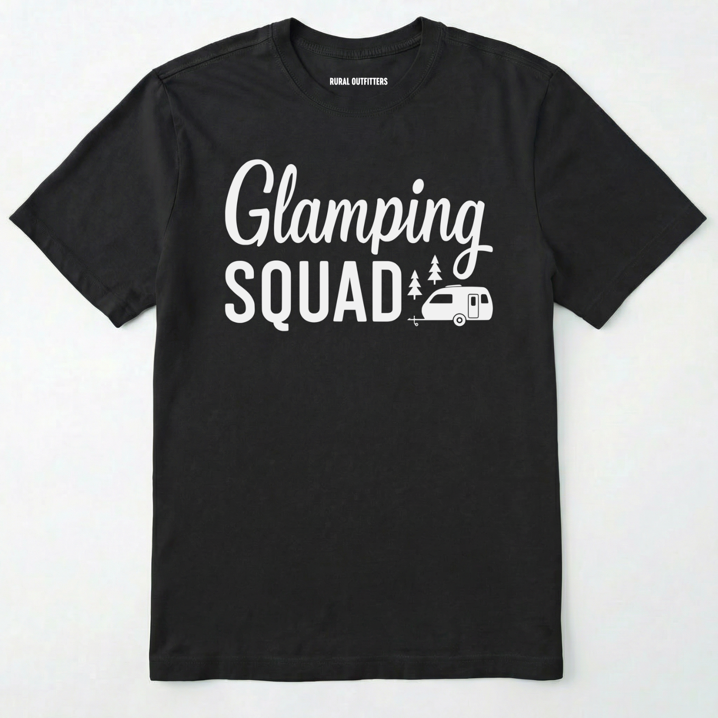 Black glamper shirt with cute camper and trees design and "glamping squad" text on a white background.