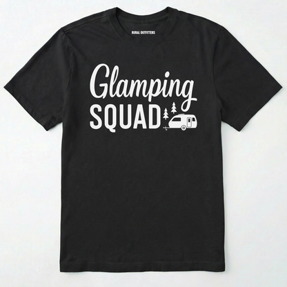 Black glamper shirt with cute camper and trees design and "glamping squad" text on a white background.
