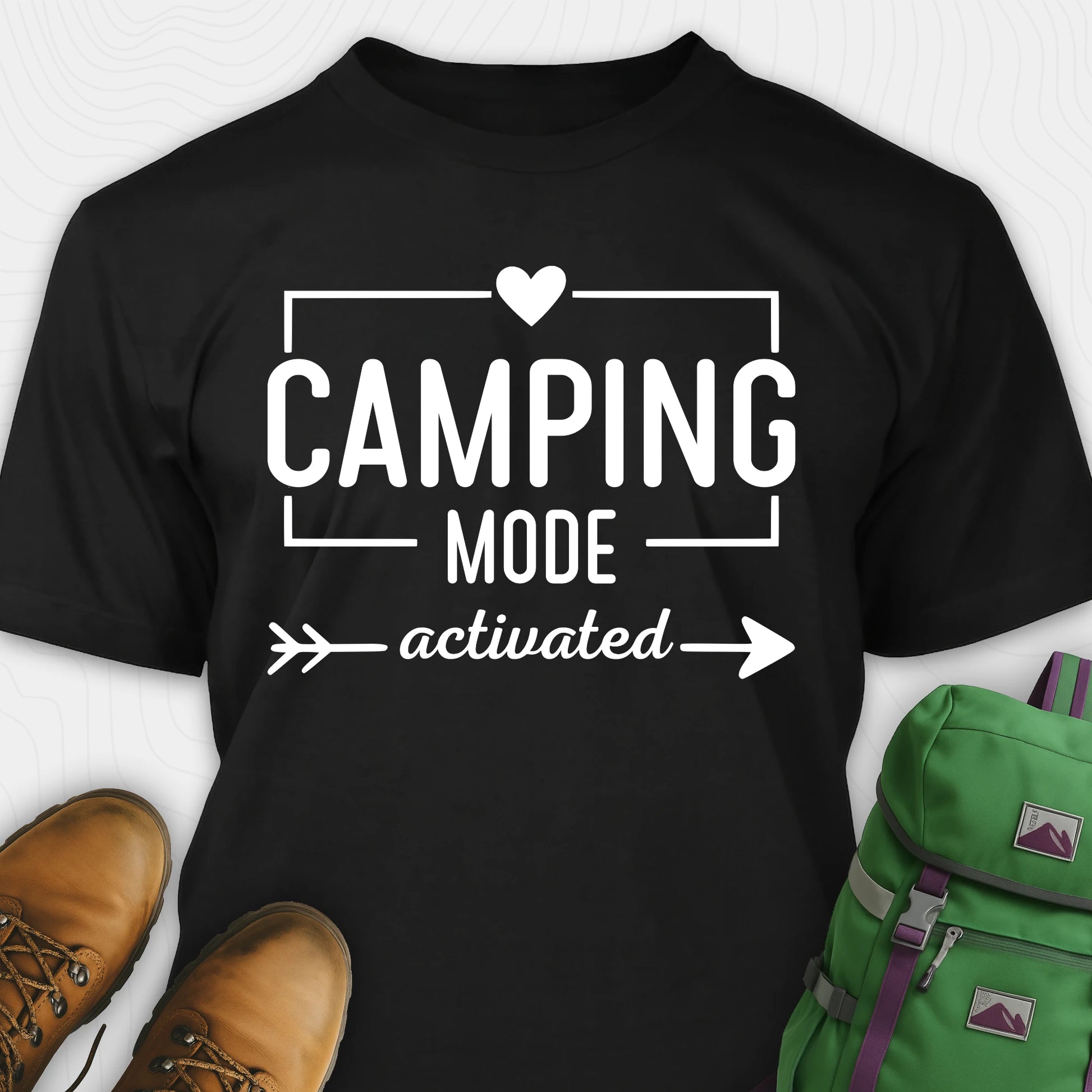 Black camping mode activated shirt with heart and arrow design