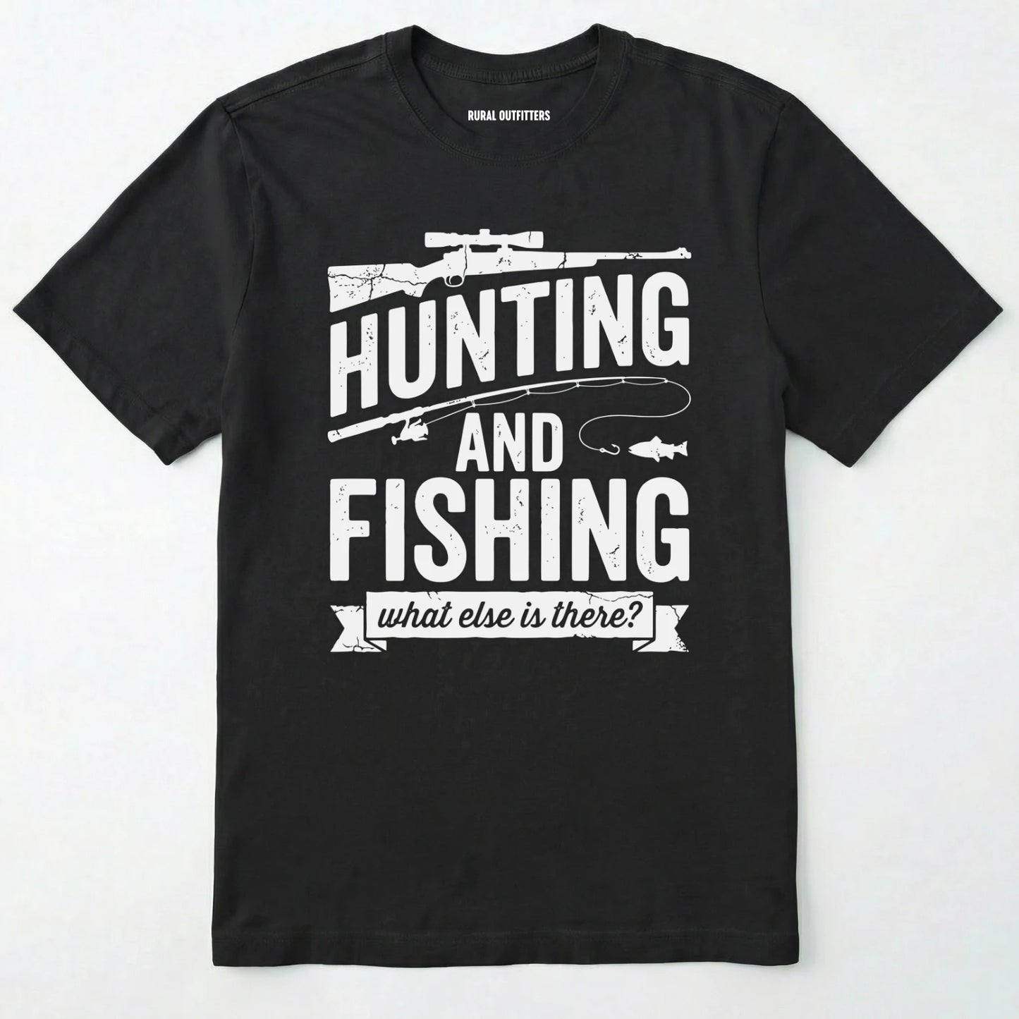 Black t-shirt with hunting and fishing graphic and text on a white background