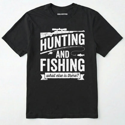 Black t-shirt with hunting and fishing graphic and text on a white background