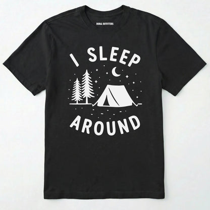 Black i sleep around camping shirt with tent, pine trees, moon and stars design on a white background.