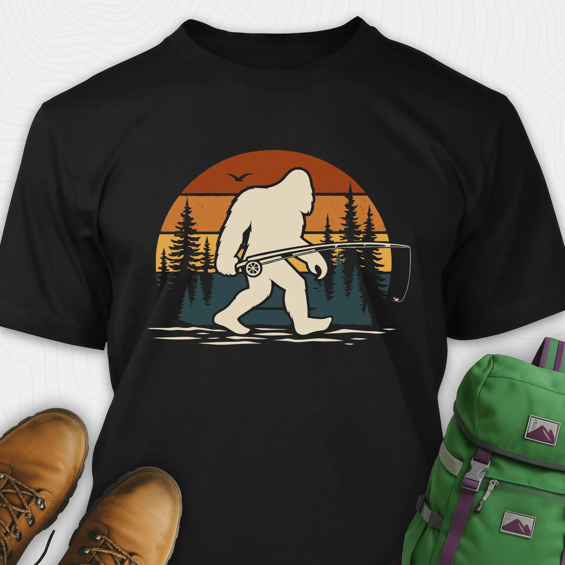 Black bigfoot fishing shirt with retro forest background