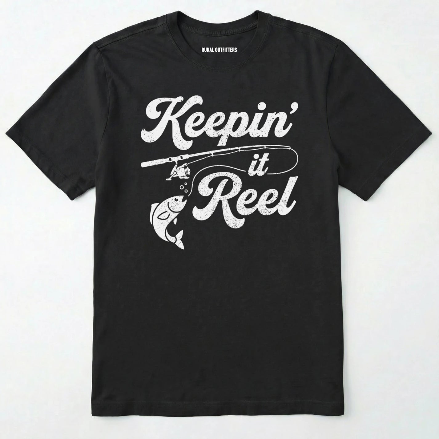 Black t-shirt with 'keepin' it reel' graphic and fishing rod design on a white background