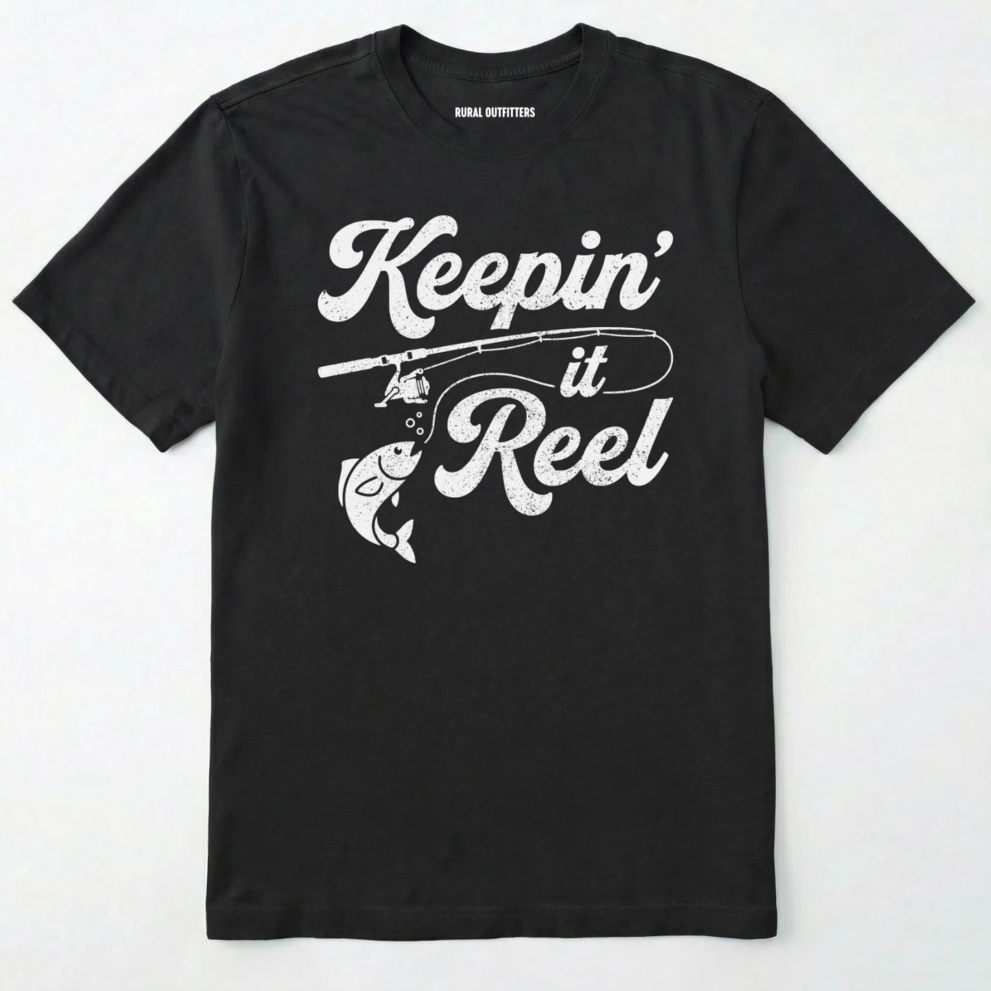 Black t-shirt with 'keepin' it reel' graphic and fishing rod design on a white background