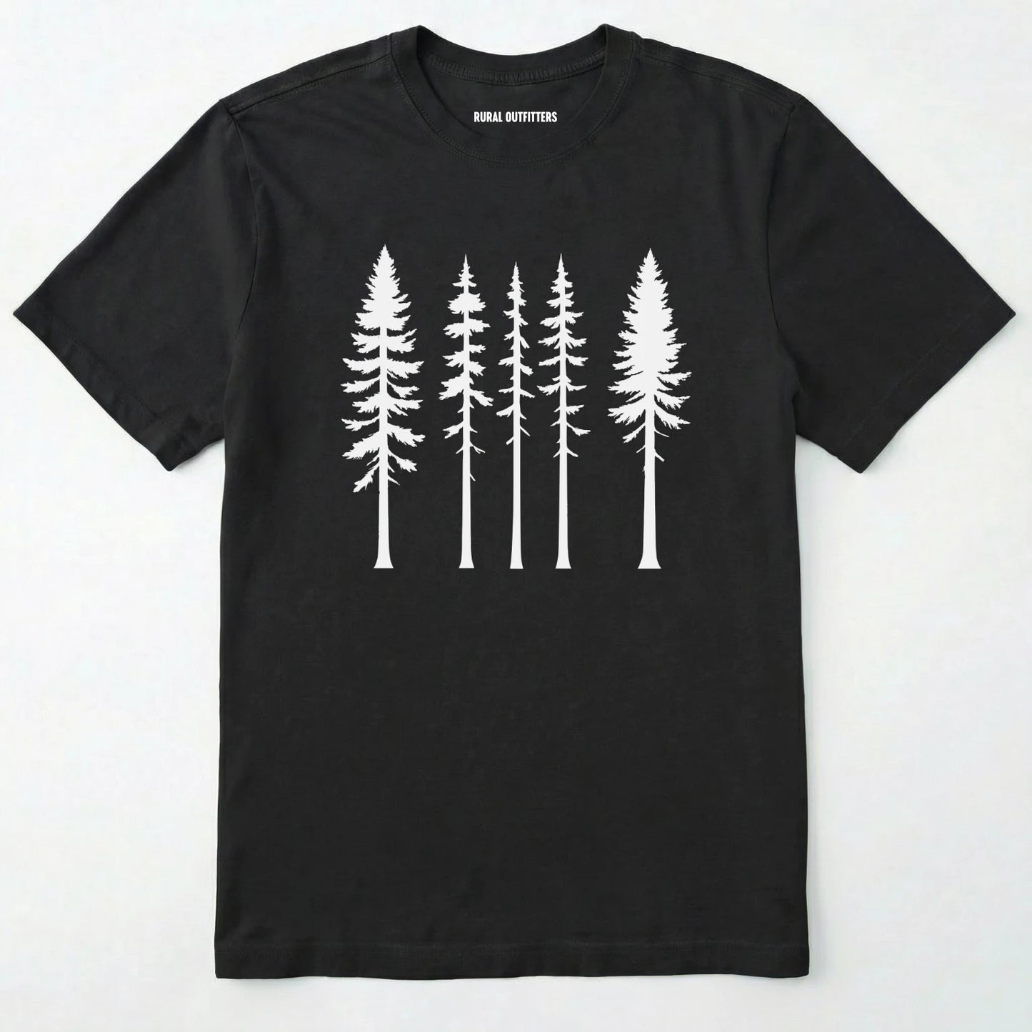 Black pine t-shirt with minimalist white tree silhouettes on a white background.