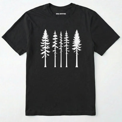 Black pine t-shirt with minimalist white tree silhouettes on a white background.