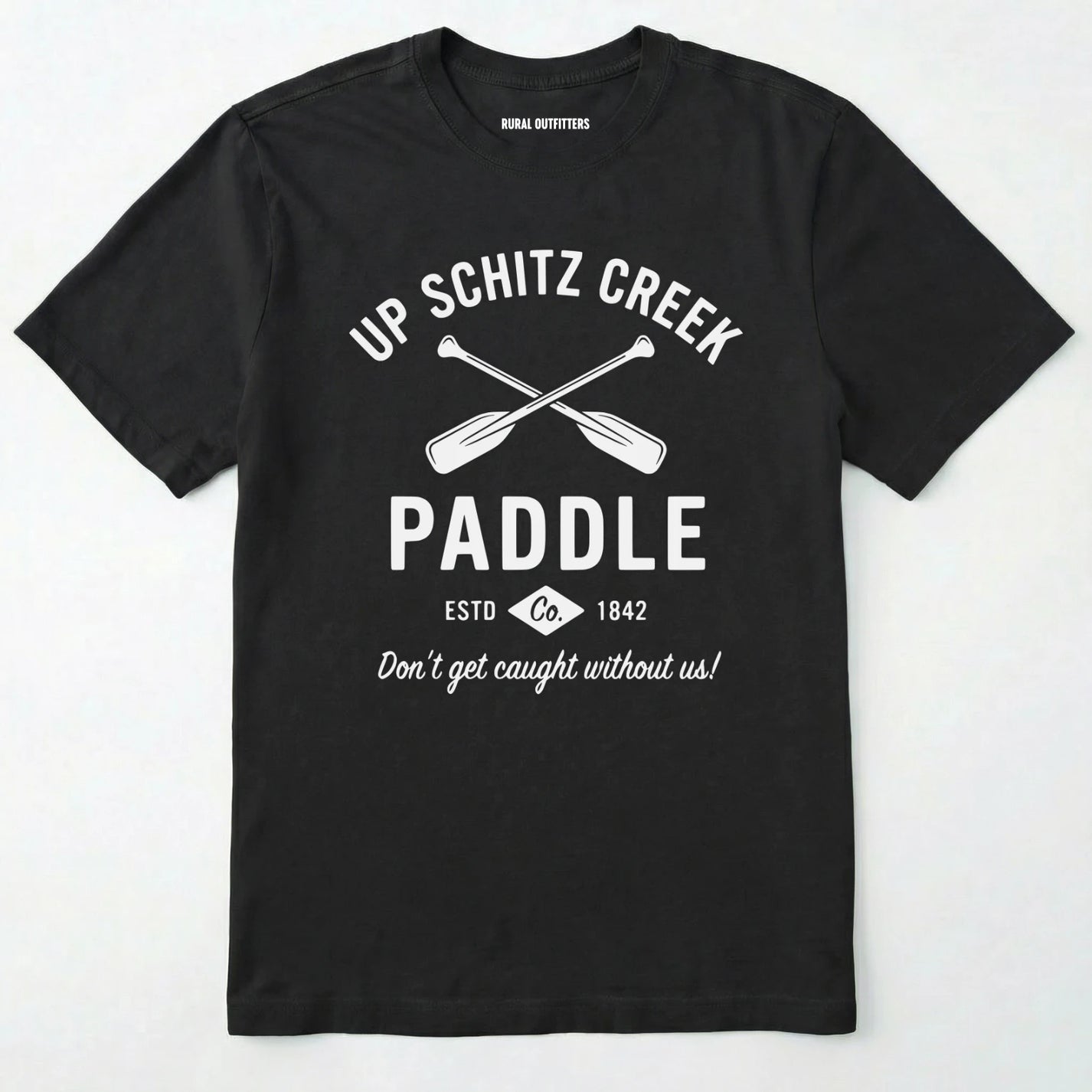 Black t-shirt with white text and oar graphics on a white background