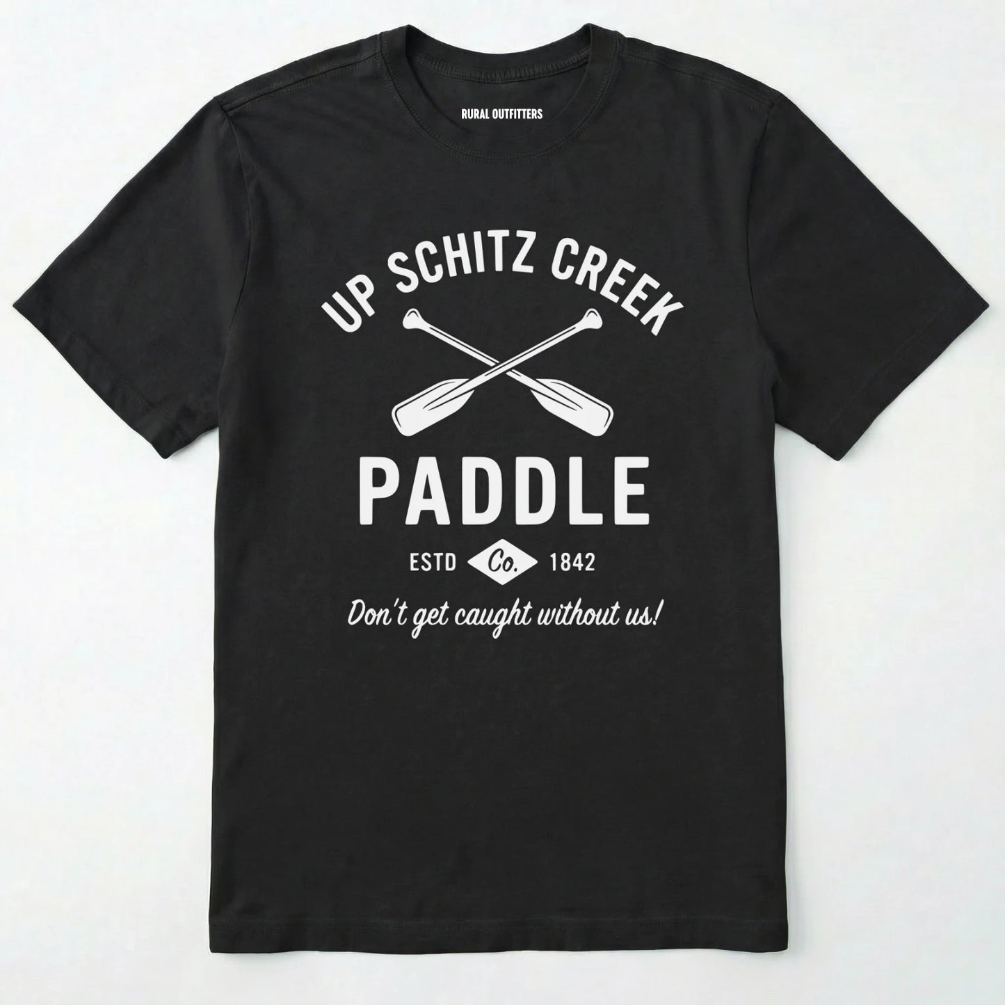 Black t-shirt with white text and oar graphics on a white background