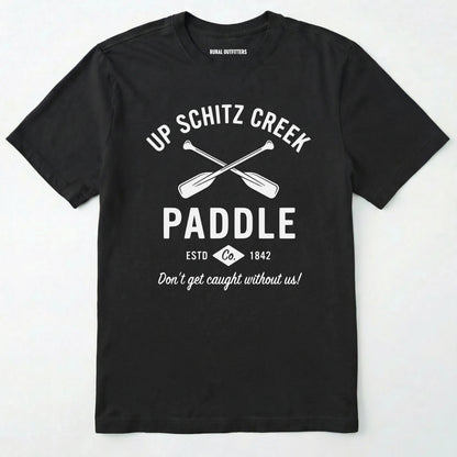 Black t-shirt with white text and oar graphics on a white background