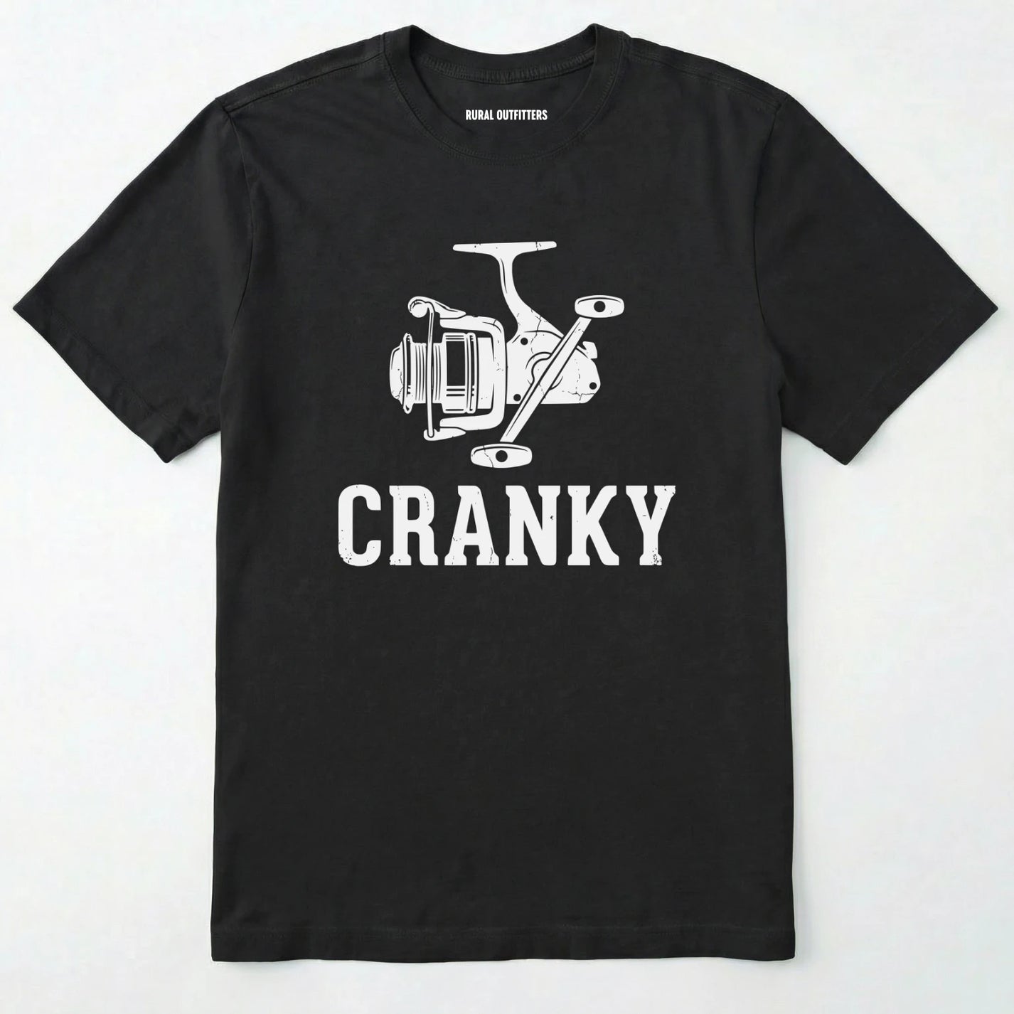 Black t-shirt with white fishing reel graphic and 'cranky' text on a white background