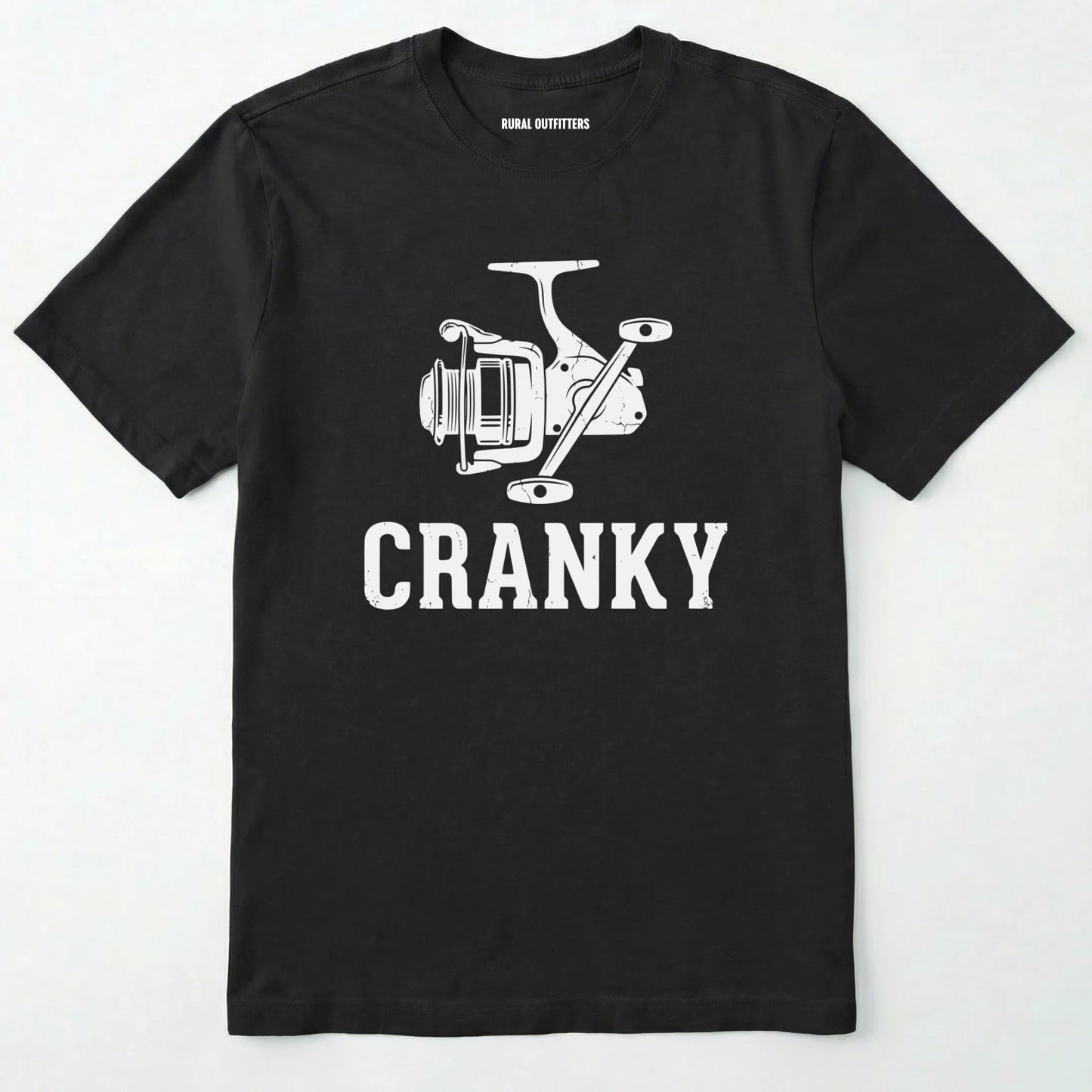 Black t-shirt with white fishing reel graphic and 'cranky' text on a white background